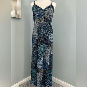 Moa Moa braided tank straps floor-length V-neck blue print maxi dress